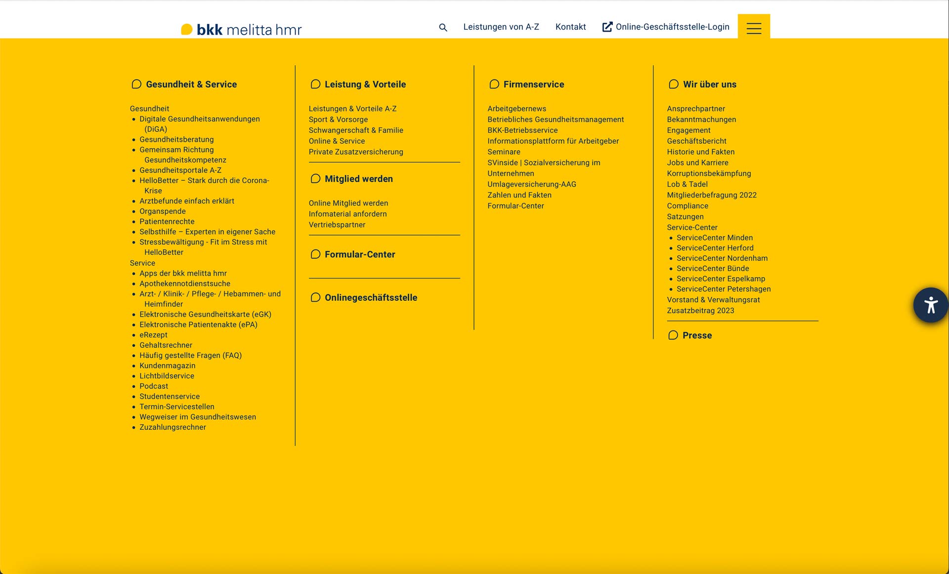 BKK Melitta hmr-Website-Navigation, Menü